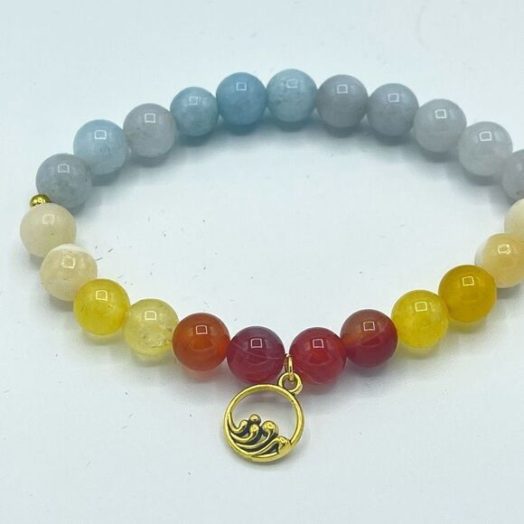 Ocean wave carnelian yellow agate honey calcite aquamarine beaded stretch bracel - Picture 2 of 16